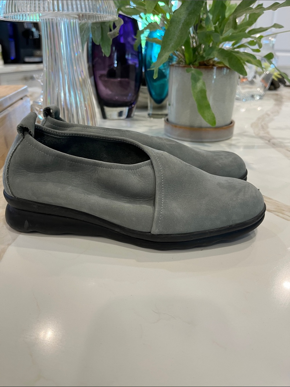 Arche Women's Slip-On unlined nubuck Flats in Light Sage Green Suede